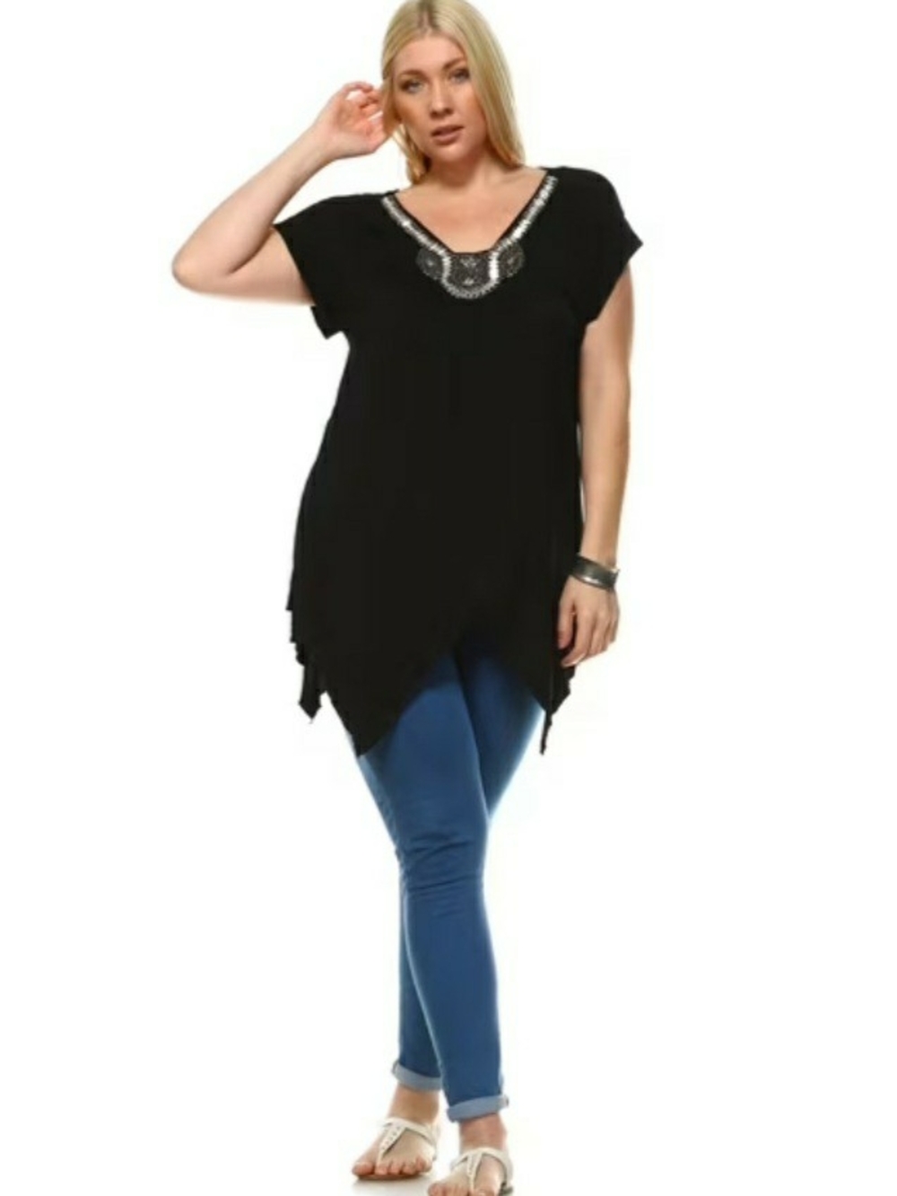 White Mark Navy Embellished V-Neck Tunic - Picture 3 of 9